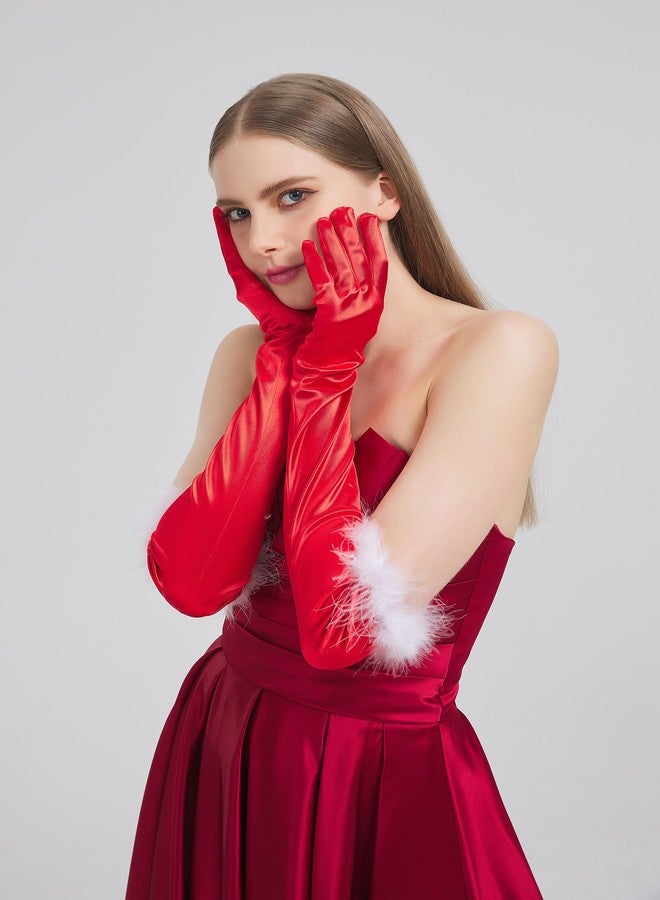 sodknow Long Red Satin Gloves with Feathers Women Costume Long Red Gloves Elbow Length for Opera Halloween Christmas Outfits Cosplay 1920s Gatsby Party Masquerade Balls Formal Evening Vintage Flapper Dress up - Image 5